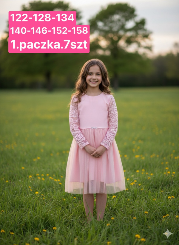  Sukienki dziewczęce Roz 128-158, 1 kolor Paczka 6 szt